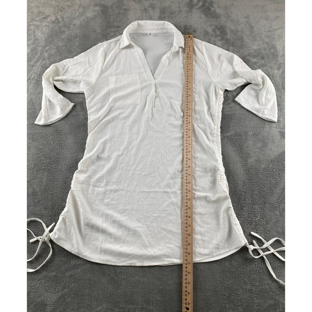 Fashion White Gauze Tunic Top Womens Small Ruched Side Tie Roll Tab Slv V-Neck - Picture 7 of 13